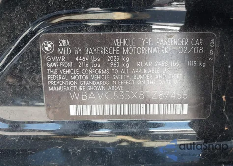 2008 BMW 328I z USA, uszkodzony, nr VIN WBAVC535X8FZ87455